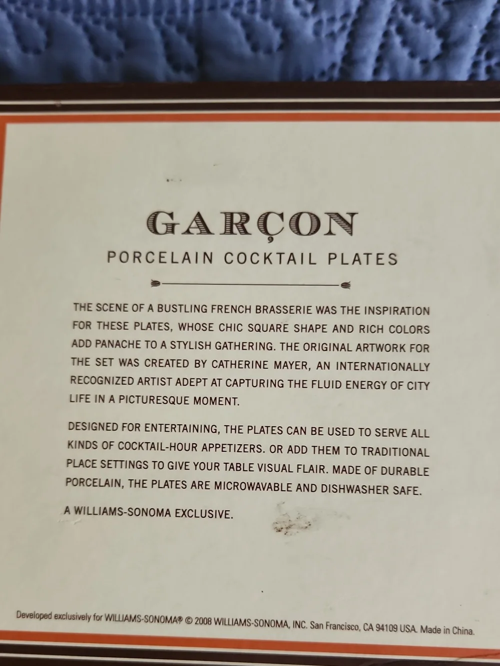 Set Of 4 Williams-Sonoma Garcon Porcelain Cocktail Plates Like New